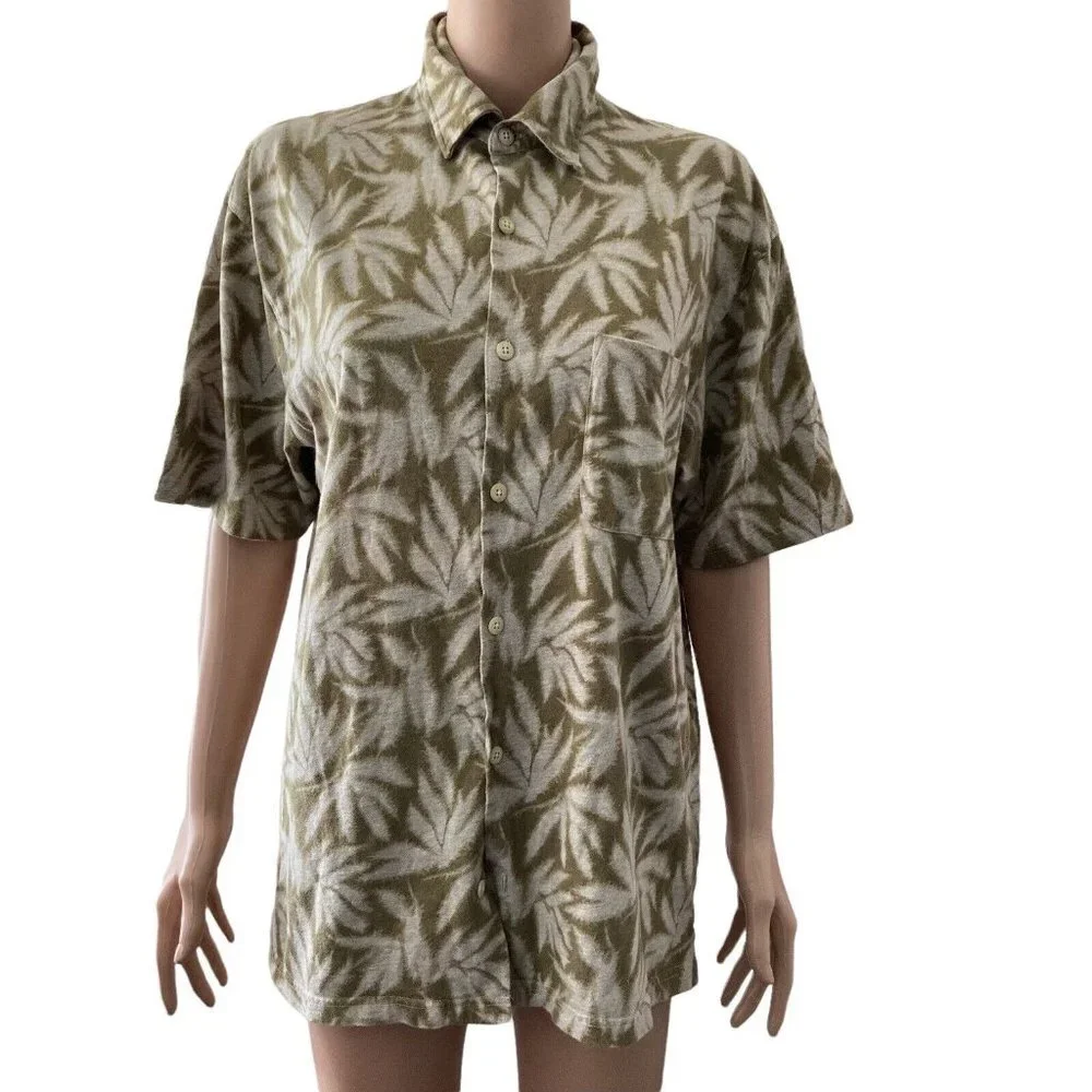 Zegna Sport Shirt Mens Small Brown White Pot Leaf Button Front Hawaiian